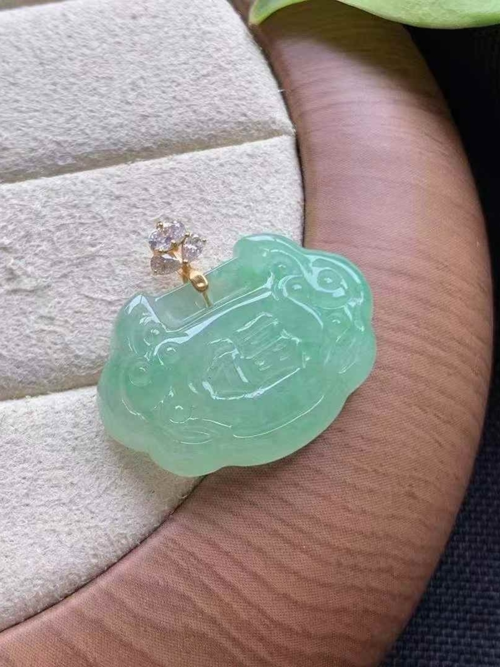 Cerified Green Jade Carved Mini Ruyi Fortune Lock Pendant with 18k Gold Accents